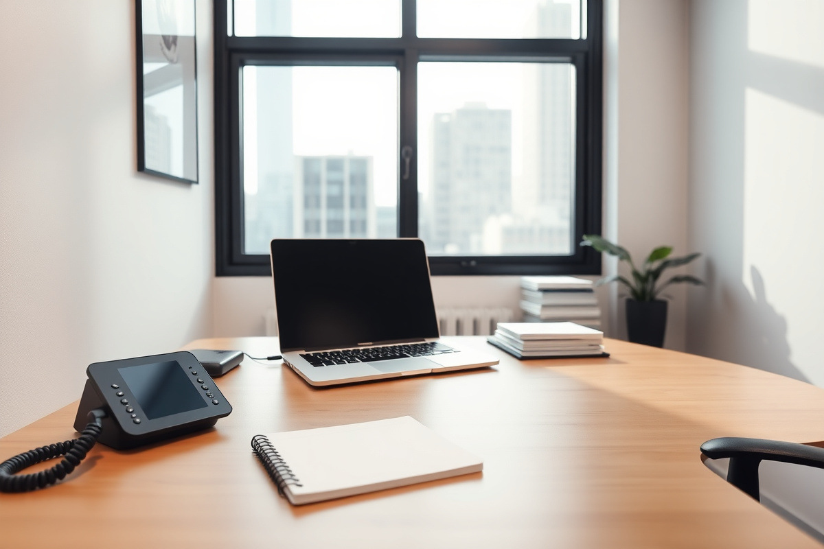 Modern small business office desk with phone and notepad
