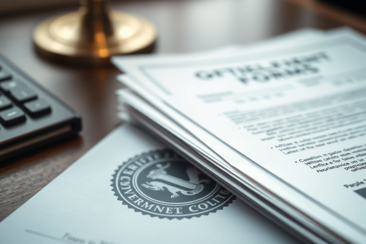 Stack of official government forms and a certification seal