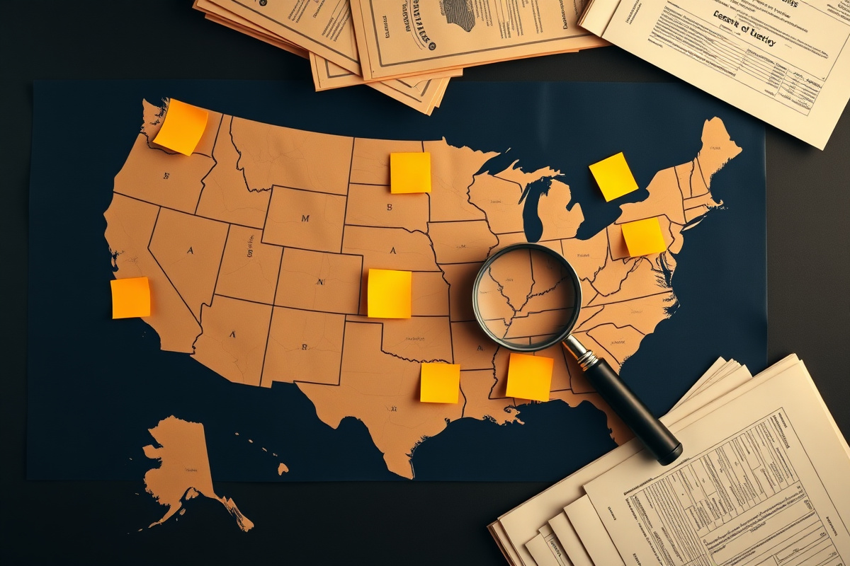 United States map with research documents, representing state-by-state workers compensation exemption research